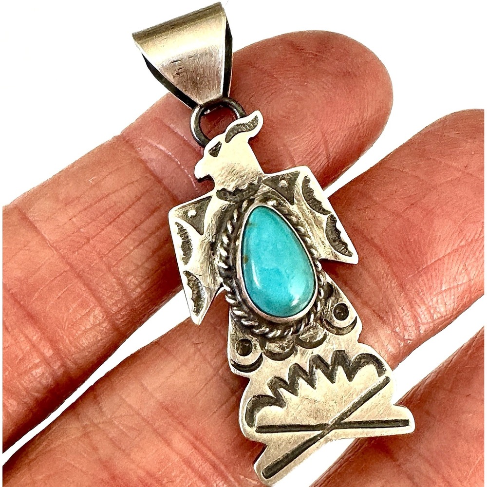 Navajo Thunderbird Pendant Turquoise 1.75  Sterling Handmade VTG Harvey Style‎